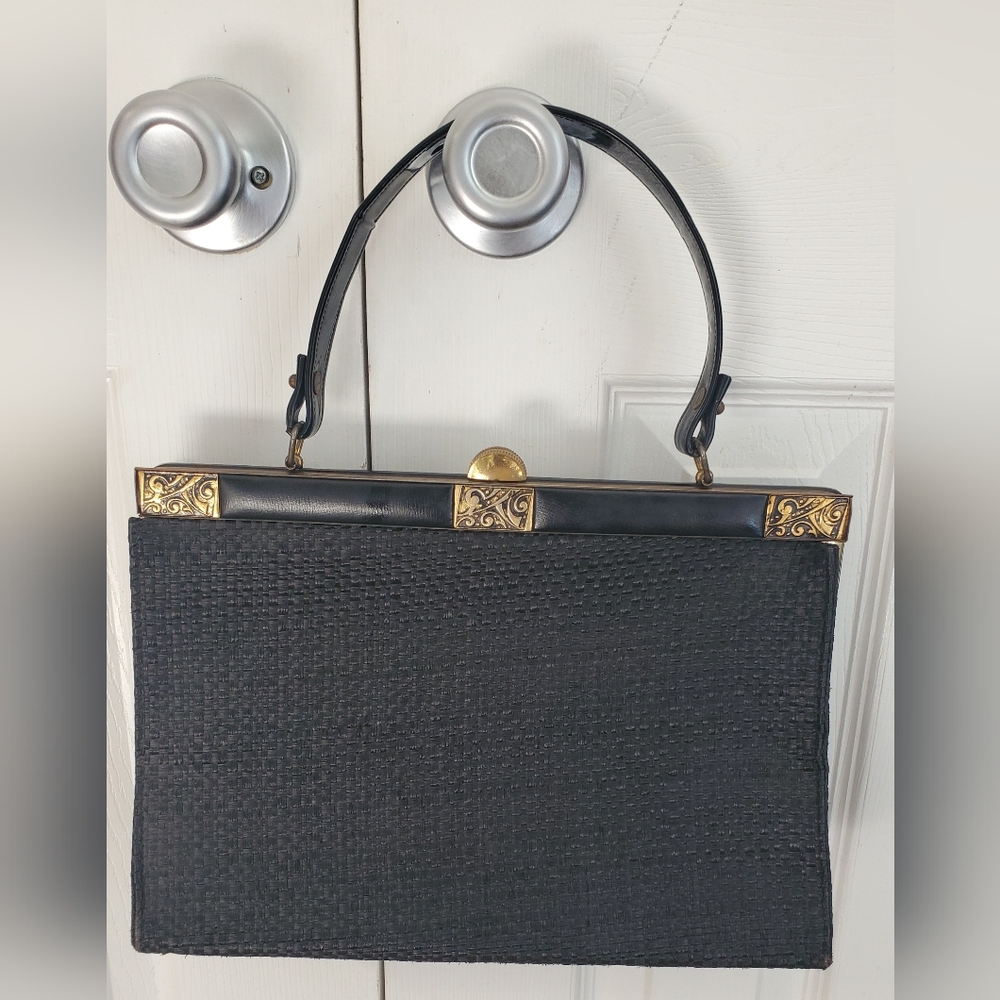Vintage Black Wicker Frame Top Handbag Gold Leather Accents Kiss Lock Closure - Picture 2 of 11